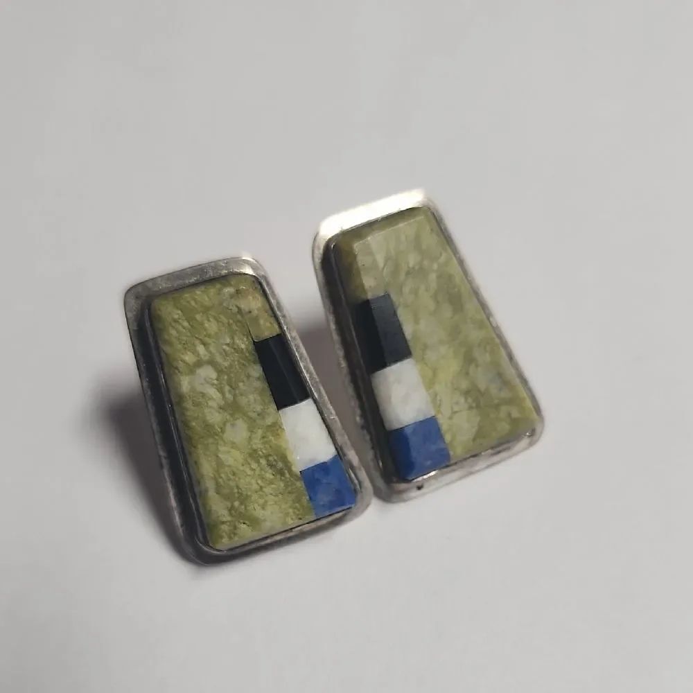 Geometric Stone Inlay Earrings Sterling Silver 925 Signed EP 925